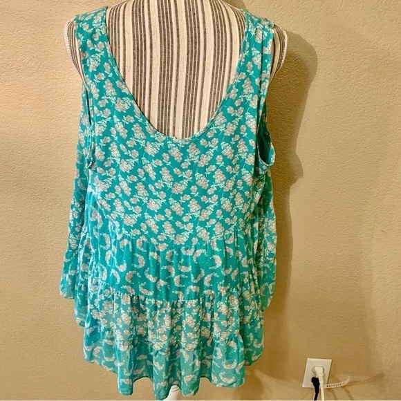 LC Lauren Conrad Tunic Top XL Seafoam Green Floral Pink Cream Ruffled Tiers - Picture 8 of 15